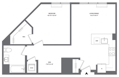 Floor plan for 1 bed, 1 bath, 762 sqft